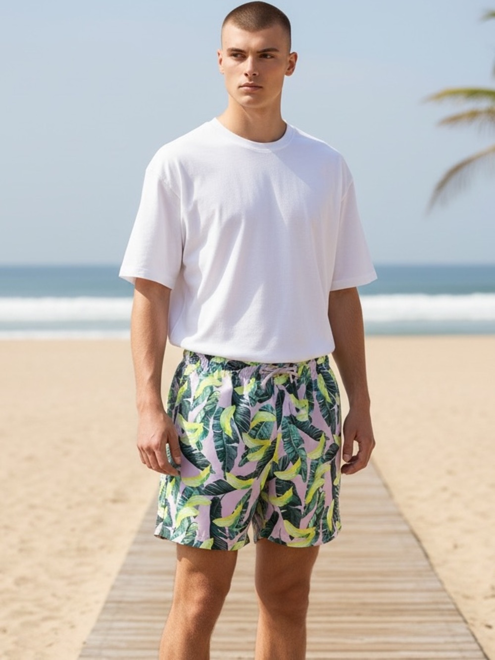 DSG men’s size 2XL swimsuit lavender lime tropical leaf 6” inseam mesh lined New